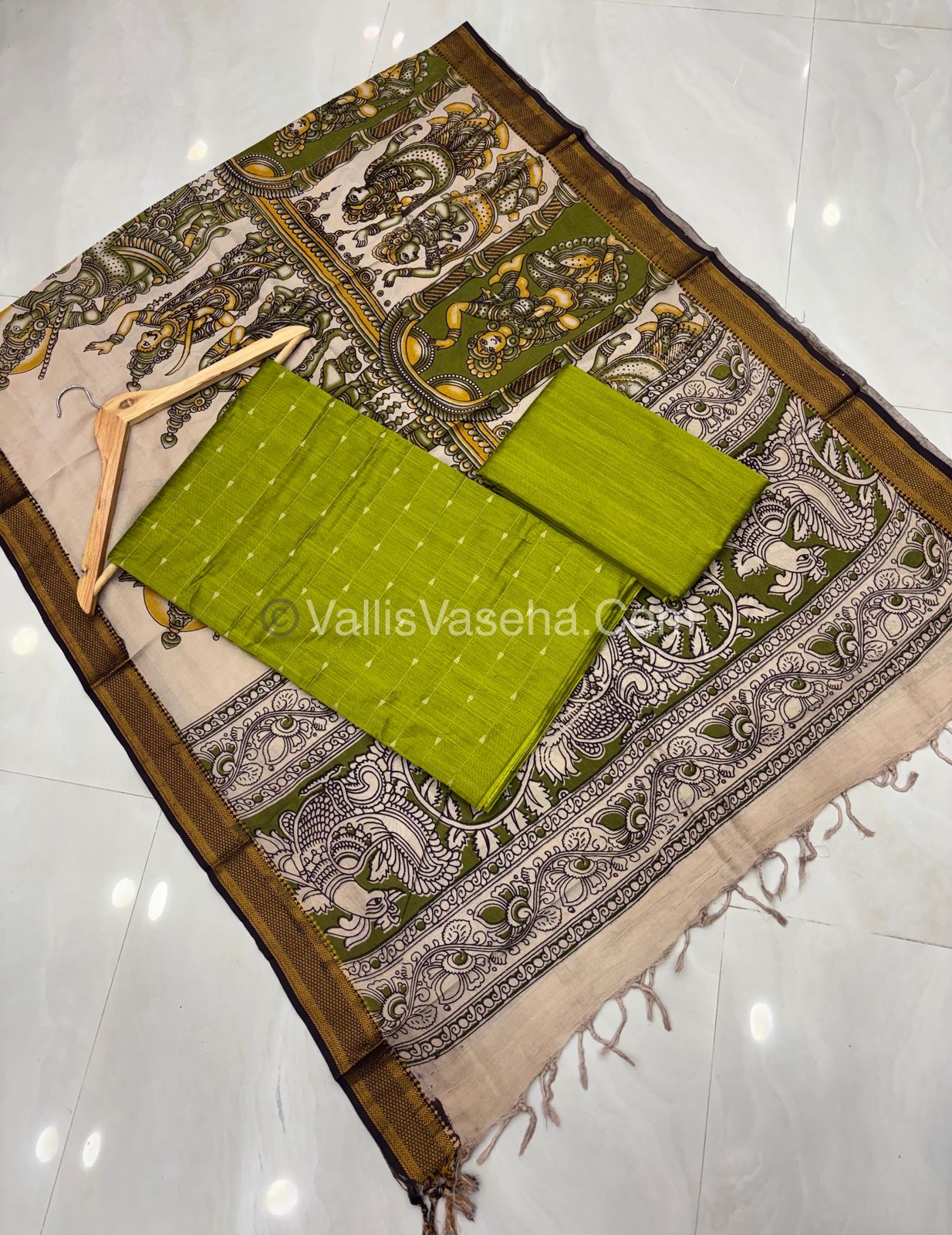 Unstitched Salwar Material -Raw Silk - Green Shade Nizam Border Duppatta - VVUSM010