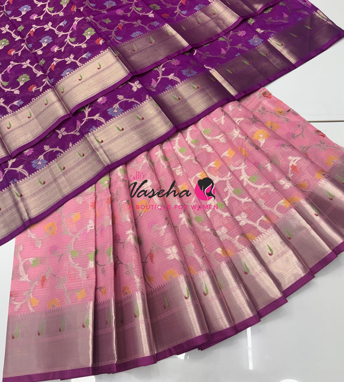 Unstitched - Lehenga Material - Zari Kota Tissue - Pink & Purple - VVULM003