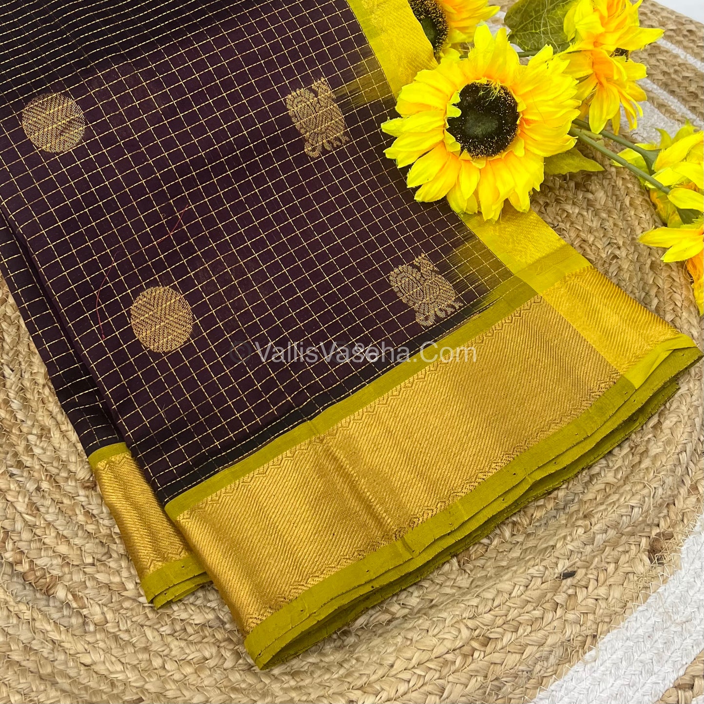 Pure Silk Cotton Saree - Mayil & Chakkaram Design - Brown With Lemon yellow Combo - VVMC002