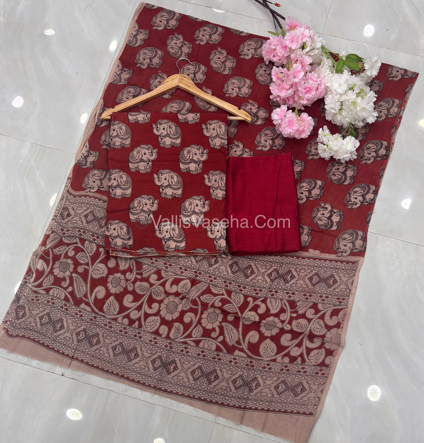 Unstitched Salwar Material -Kalamkari & Raw Silk - Maroon Shade - VVUSM018