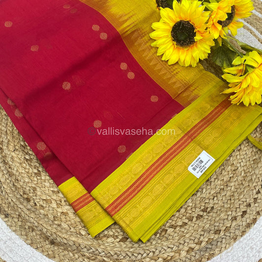Pure Korvai Silk Cotton Saree - Red with Lemon Yellow - VVKSC004