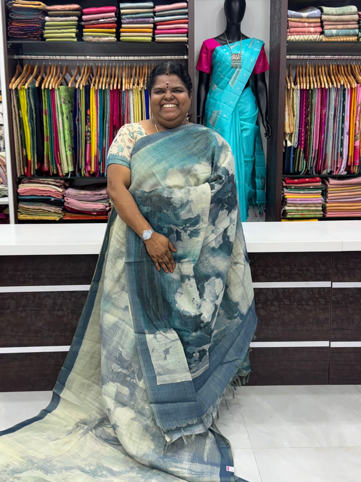 Tissue Linen Saree - Cloud Design - Ramar Blue Shade - VVTLS002