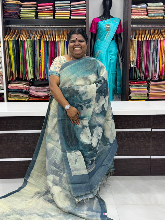 Tissue Linen Saree - Cloud Design - Ramar Blue Shade - VVTLS002