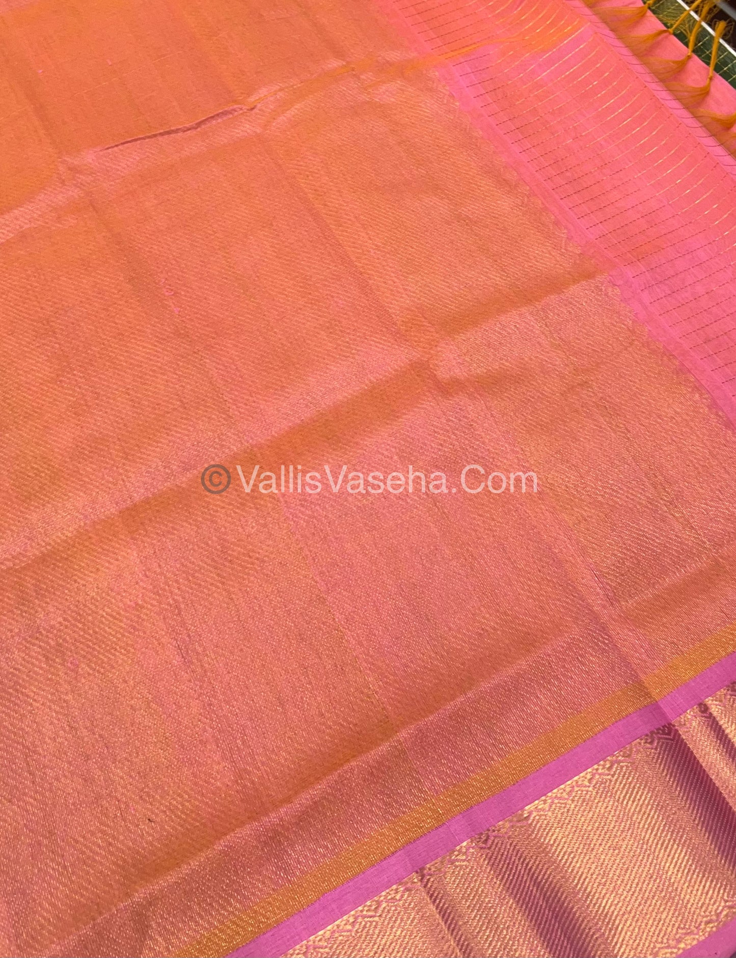 Pure Silk Cotton Saree - Mayil & Chakkaram Design - Green With Peachish Pink Combo - VVMC002
