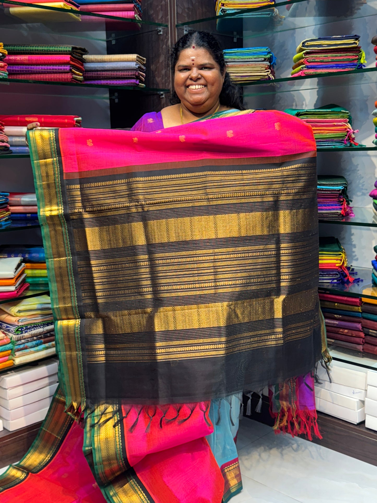 Pure Korvai Silk Cotton Saree - Peachish Pink with Black & Green Combo - VVKSC004
