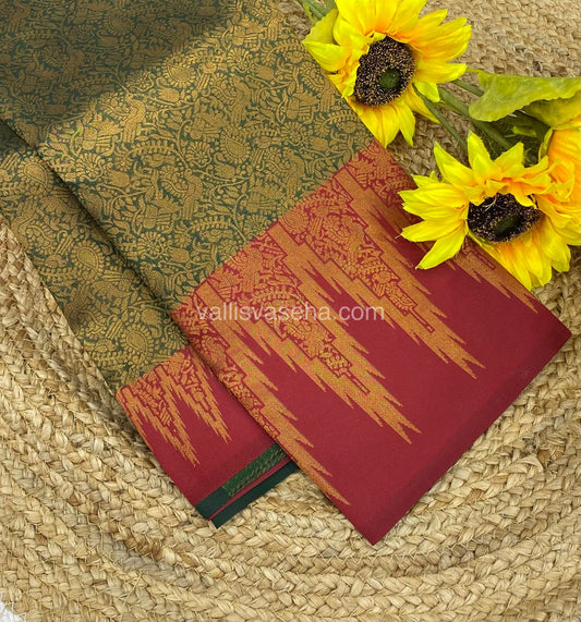 Kanchi Semi Silk - Green With Red - Temple Border  - VVKSS003
