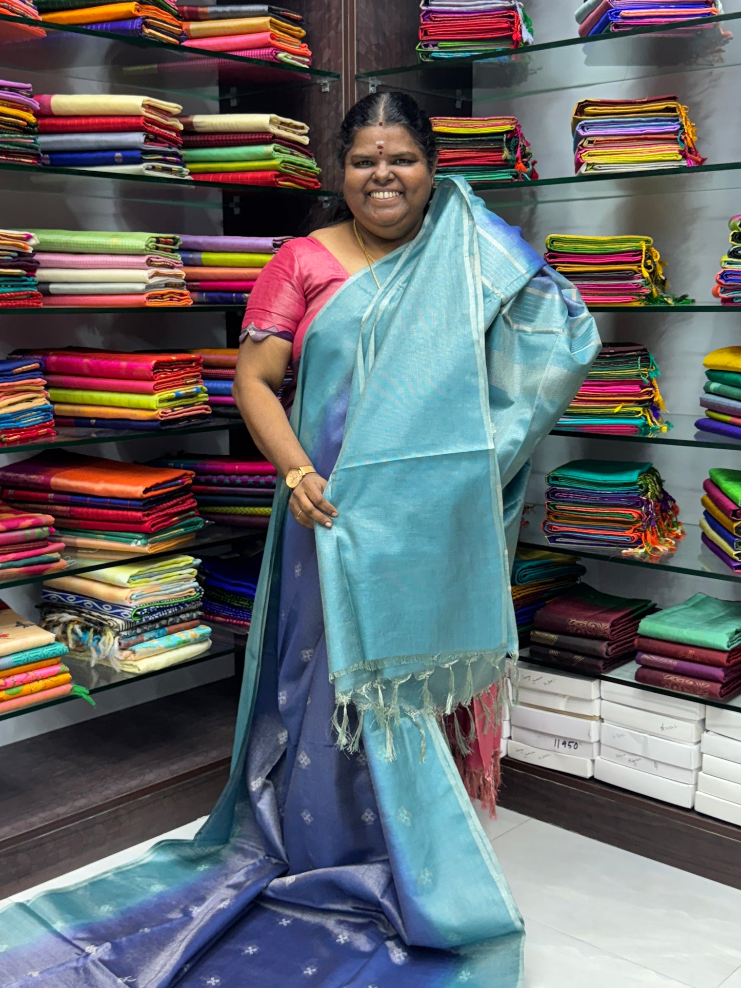 Bhagalpuri Silk - Vaira Voosi Lines -Violetish Blue to Blue Combo - VVBSV001