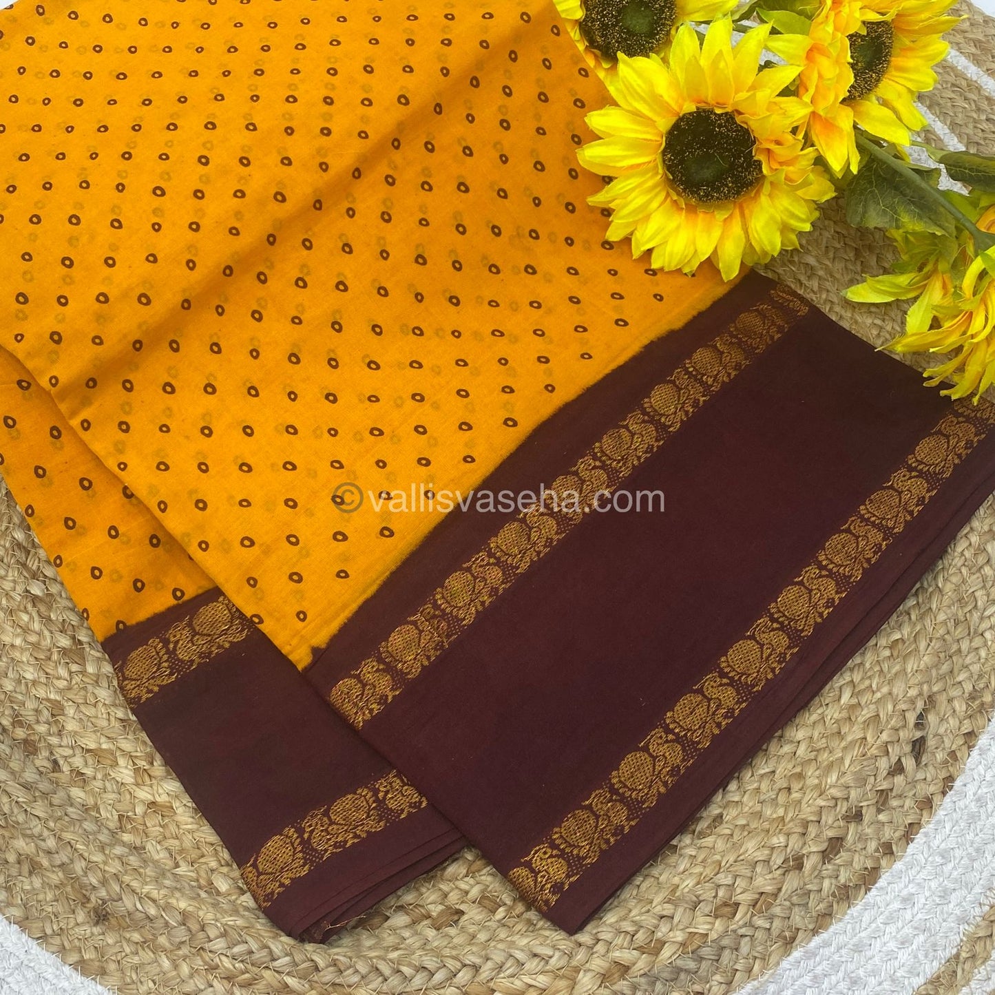 Sungudi Cotton Saree | Bandhini Design - Mango Yellow with Brown Shade - VVSCV003