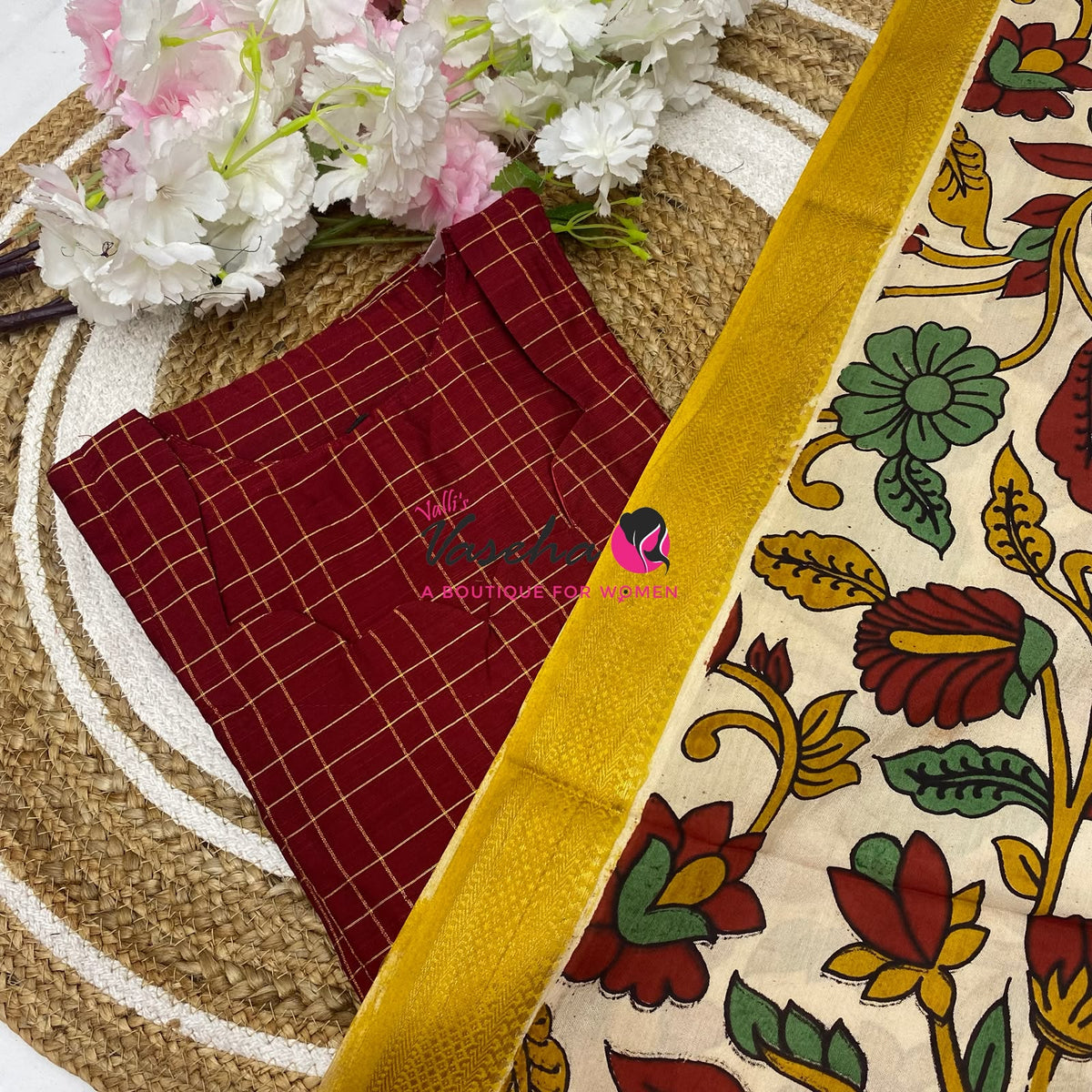 Ready Made - Semi Raw Silk Kurti with Chennur Silk Kalamkari Duppatta - Maroon Shade - 2pc Set - VVSRK002