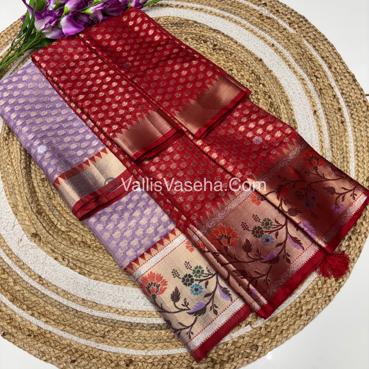 Unstitched - Lehenga Material - Zari Kota Tissue - Lavender & Red - VVULM001