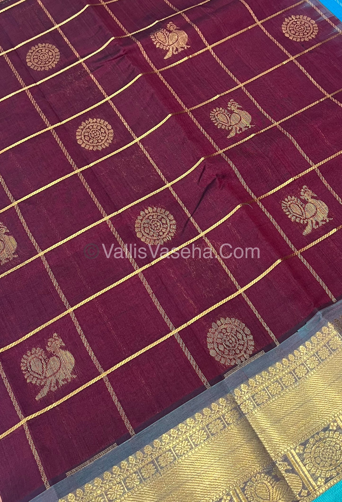 Pure Silk Cotton Saree - Mayil & Chakkaram Design - Maroon With Turquoise Blue Shade - VVMC001