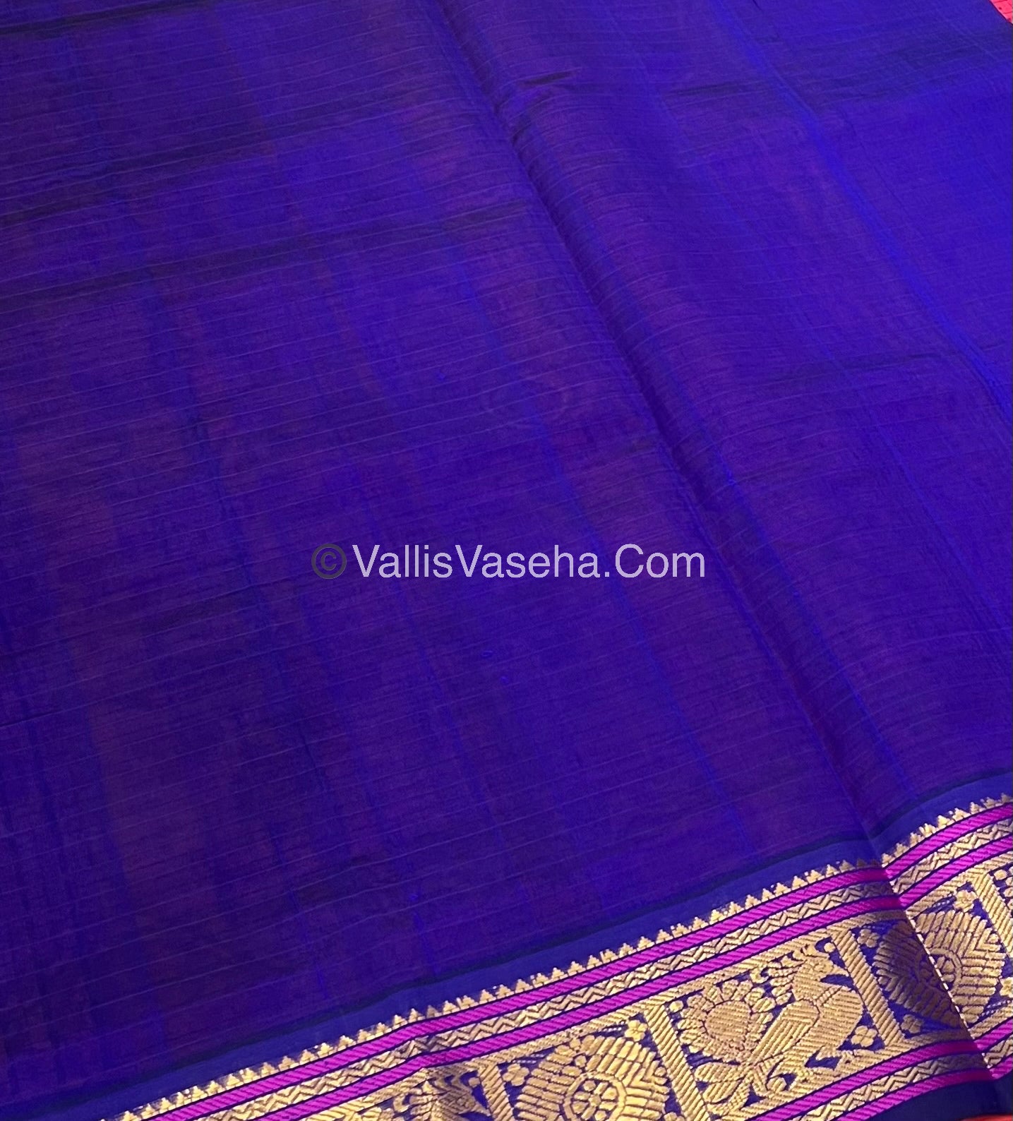 Pure Silk Cotton Saree - Peachish Pink With Blue - Lakshadeepam Design - VVPLD001
