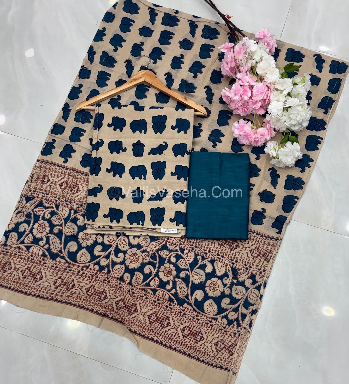 Unstitched Salwar Material -Kalamkari & Raw Silk - Blue Shade - VVUSM018