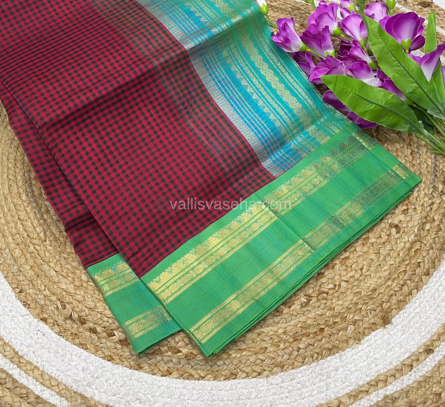 Pure Korvai Silk Cotton - Podi Kattam - Merun & Black with Teal Green - Retta Petta Border - VVKSC003