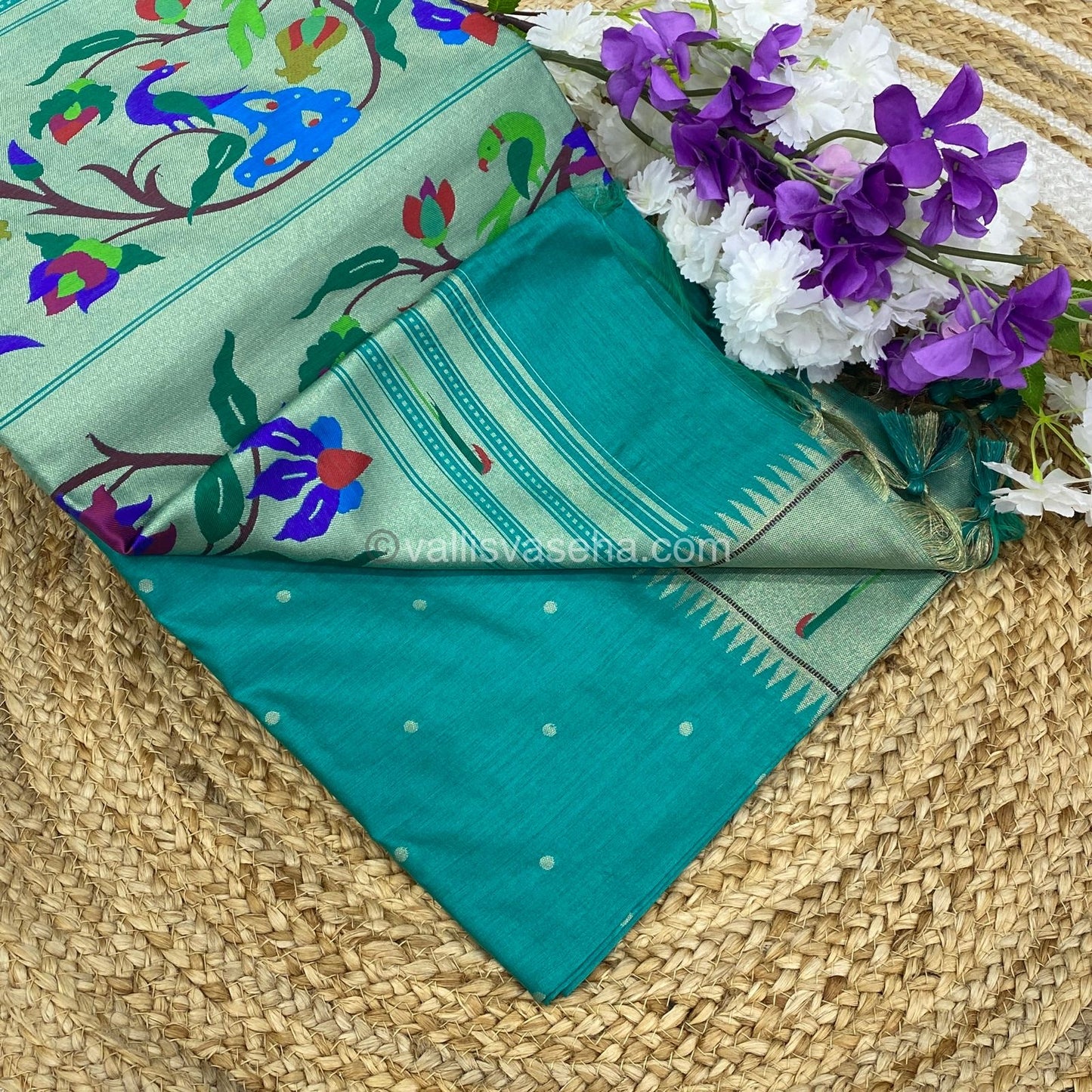 Semi Raw Silk - Paithani Design Weaving - Bluish Green Shade - VVRS005