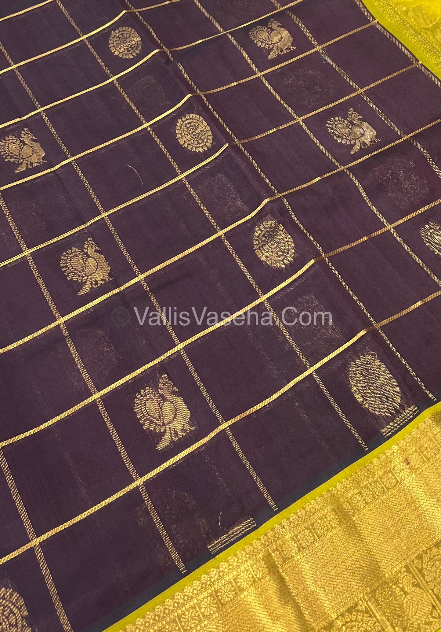 Pure Silk Cotton Saree - Mayil & Chakkaram Design - Brownish Wine With Lemon Yellowish Green Shade - VVMC001