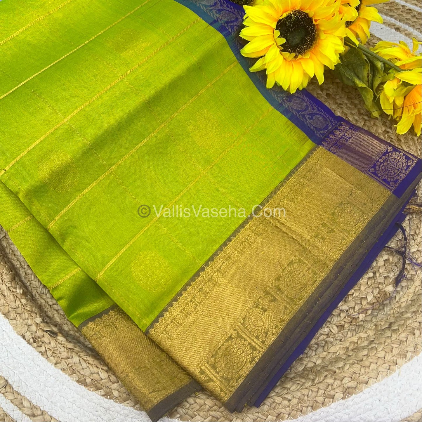 Pure Silk Cotton Saree - Mayil & Chakkaram Design - Lemon Green with Blue Shade- VVMC001