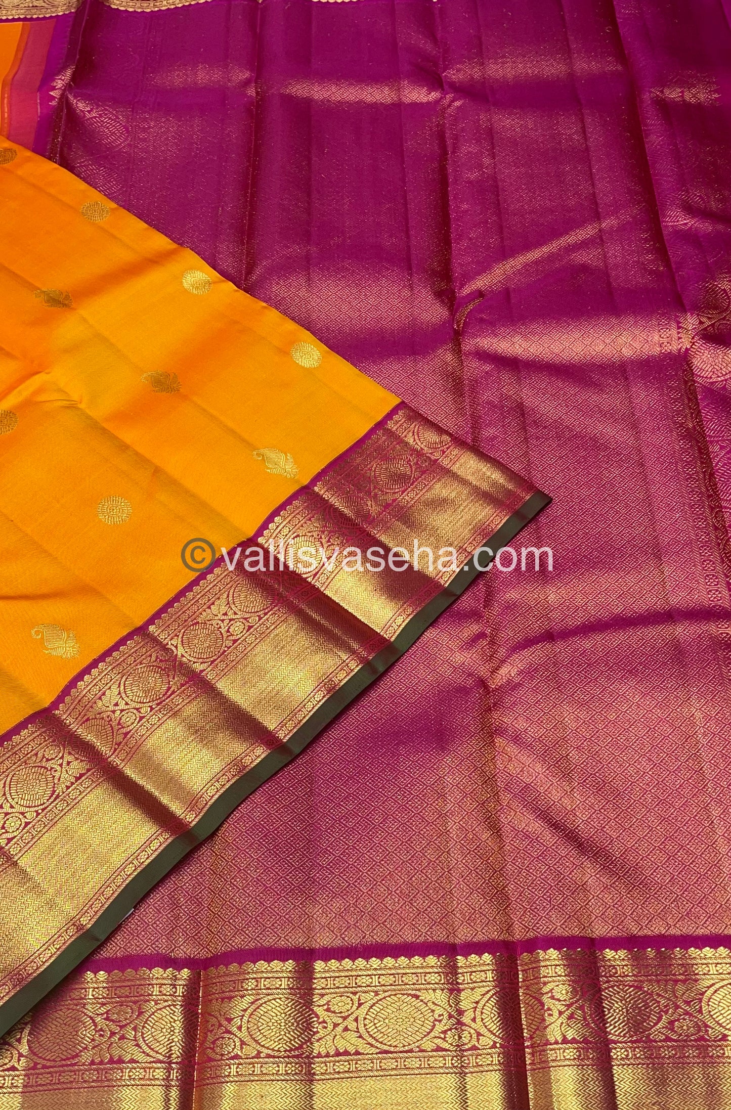 Pure Kanchipuram Silk Saree - Orangish Yellow & Pink Shade - VVPS010