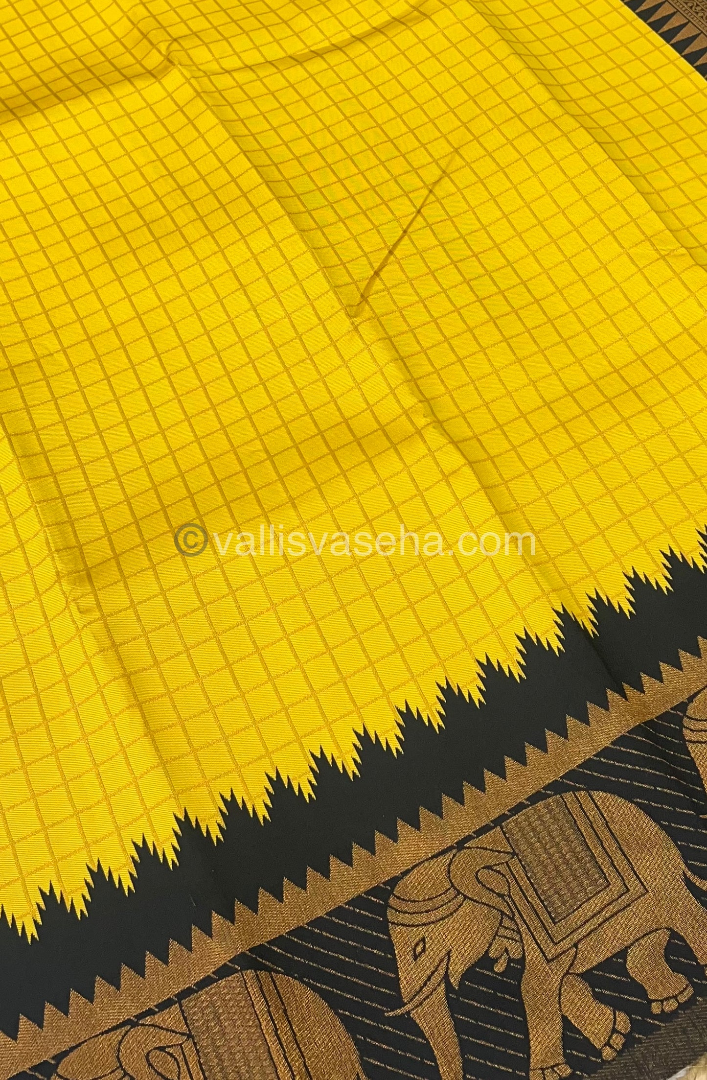 Semi Silk Saree - Kanchi Silk Style - Elephant Border - Yellow with Black- VVSSS005