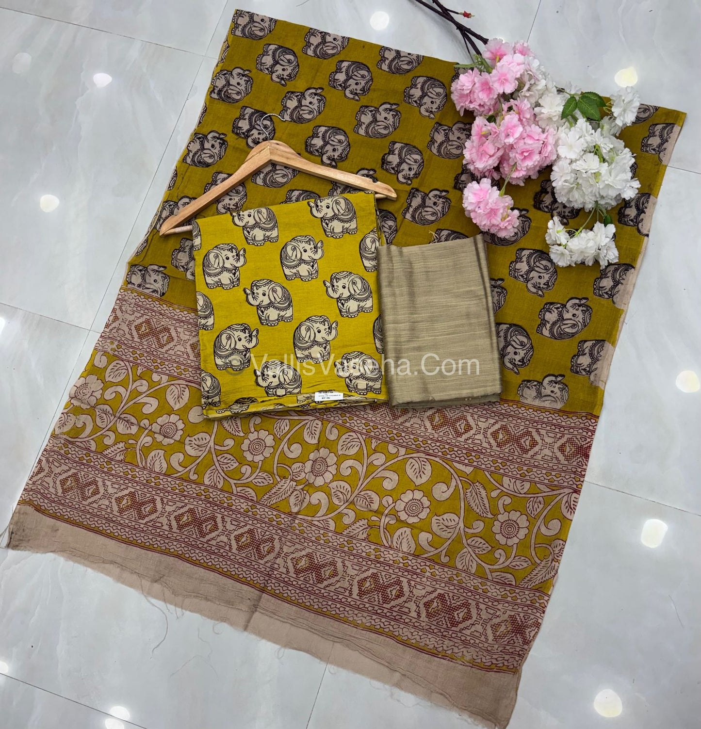 Unstitched Salwar Material -Kalamkari & Raw Silk - Yellow Shade - VVUSM018