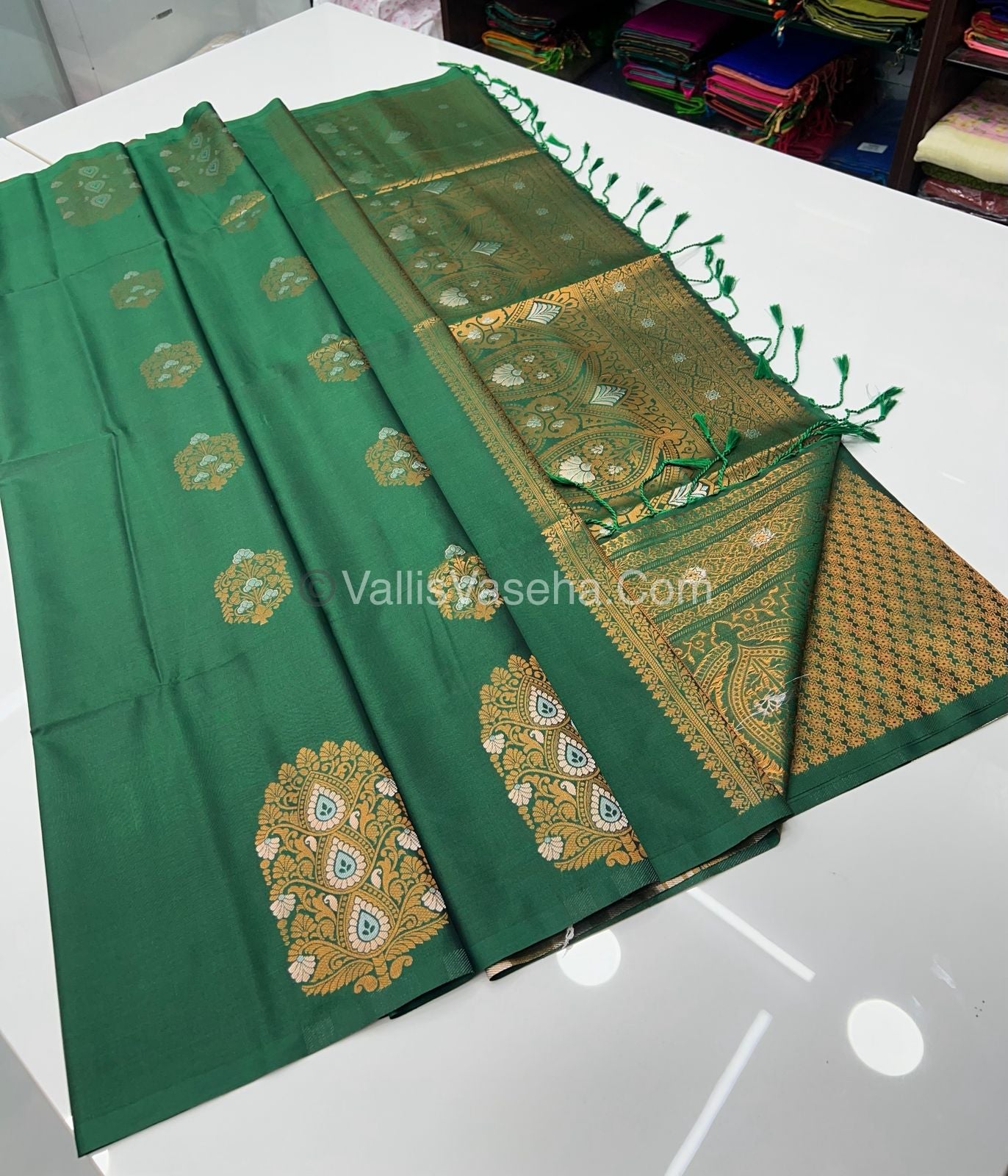 Semi Soft Silk - Border Butta - Dark Green Shade -VVSSS010