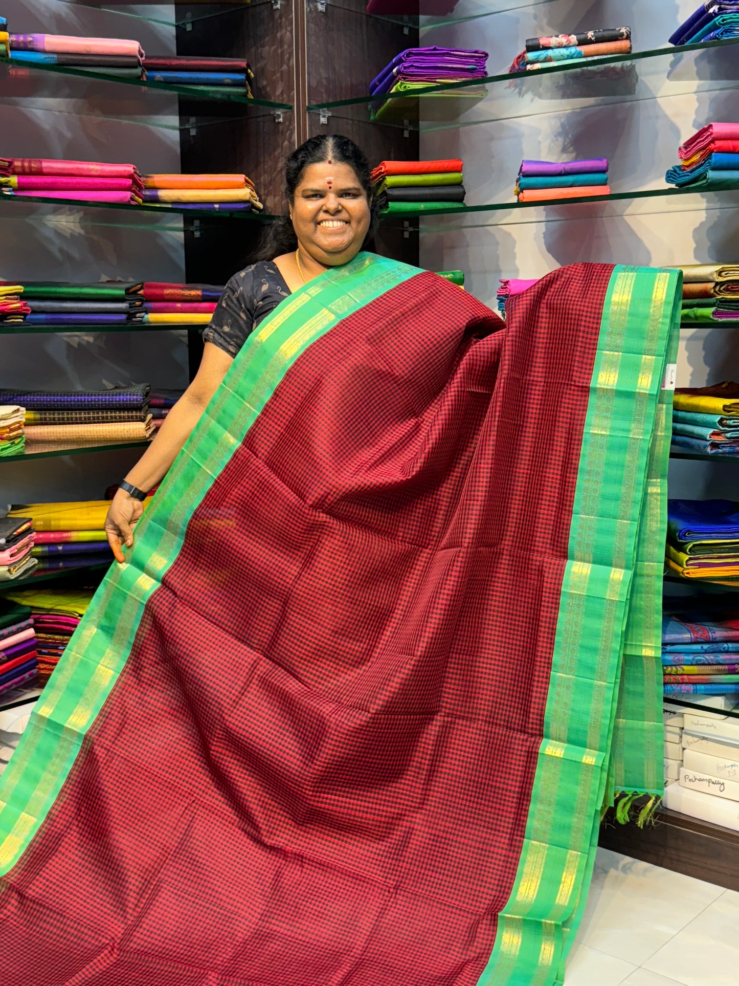 Pure Korvai Silk Cotton - Podi Kattam - Merun & Black with Teal Green - Retta Petta Border - VVKSC003