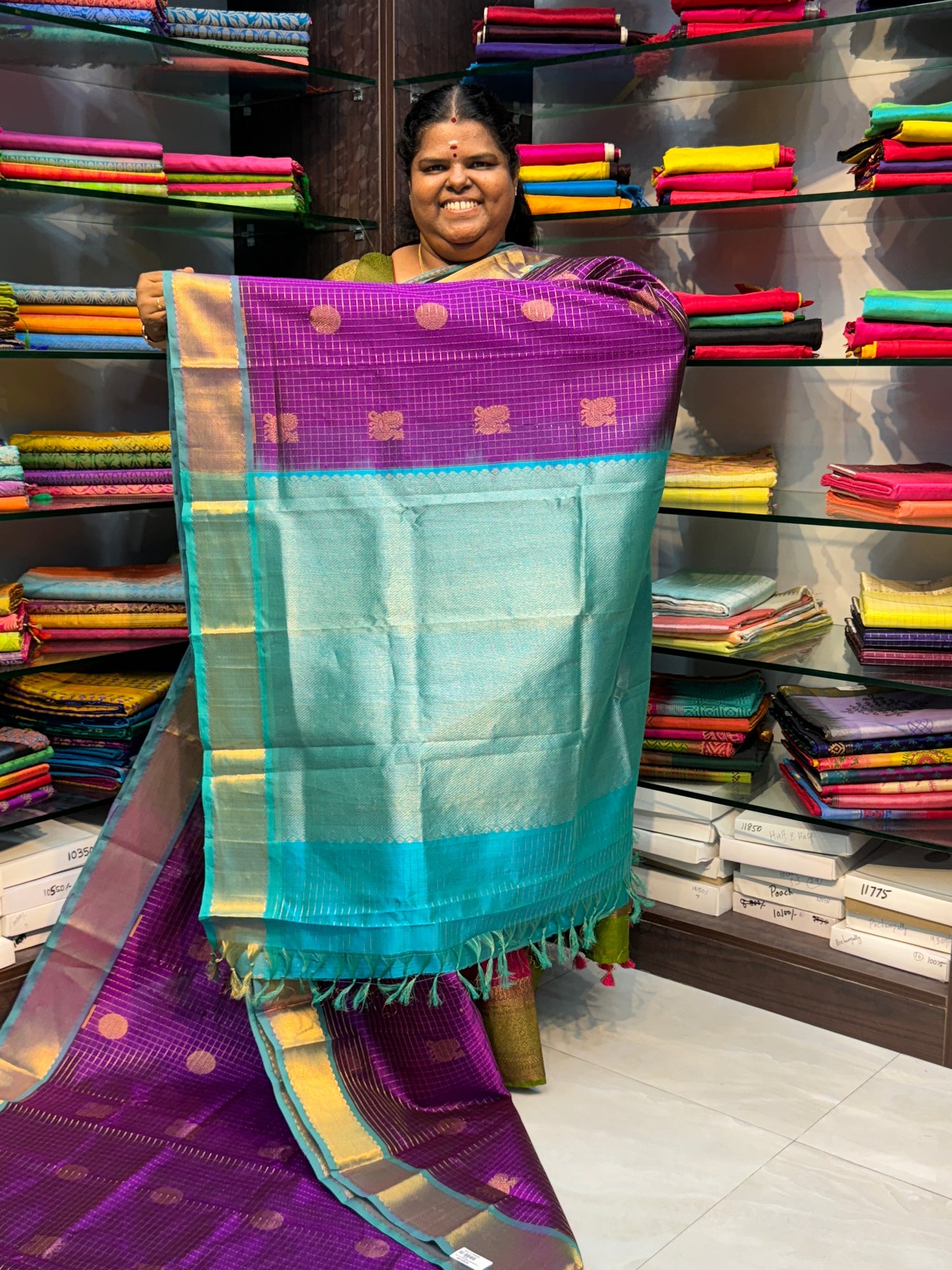 Pure Silk Cotton Saree - Mayil & Chakkaram Design - Purple with Turquoise Blue Combo - VVMC002