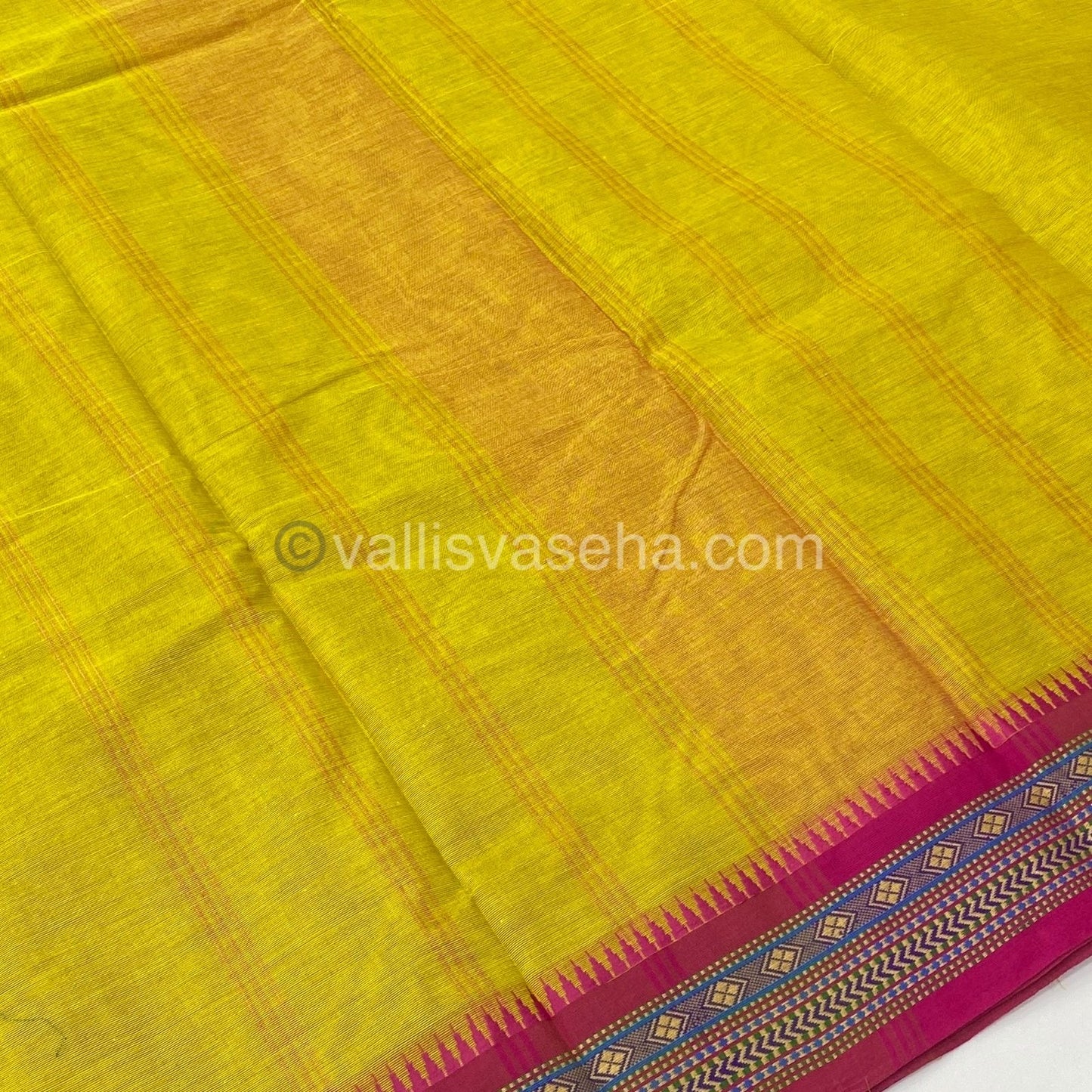 Kanchi Cotton Saree - Lemon Yellow with Pink - VVKCS003
