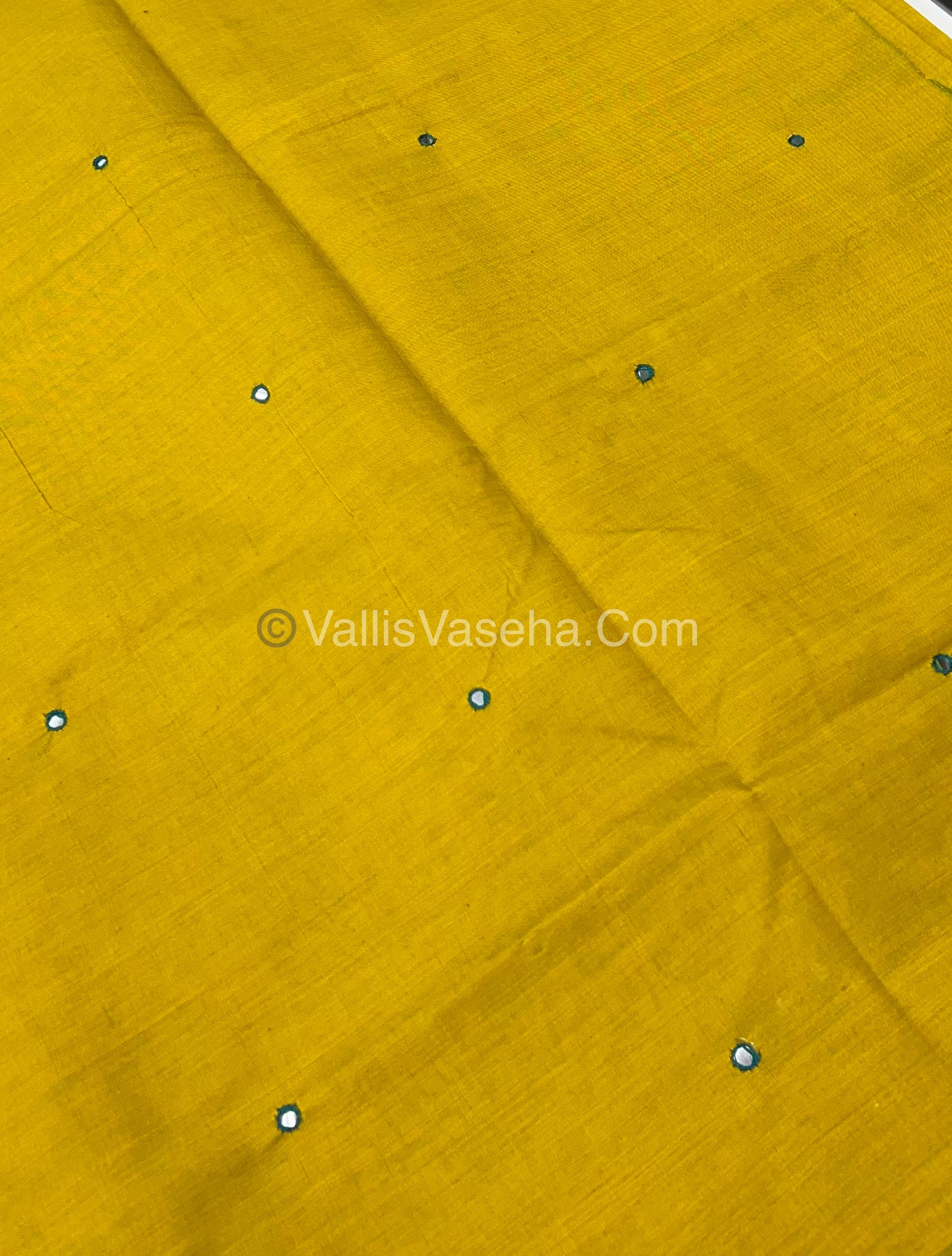 South Mixed Cotton - Mirror Work Embroidery - Yellow With Green - VVPCM002