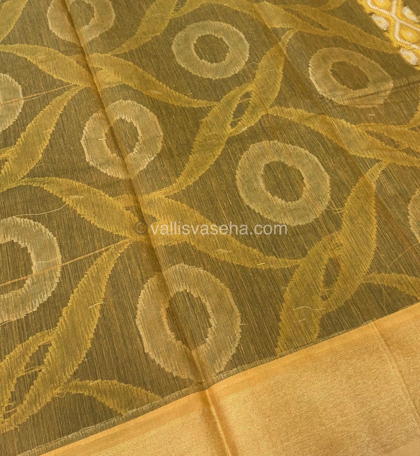 Banarasi Pochampally Weaving Semi Soft Cotton Saree - Green with Mustard Yellow - VVBPS001
