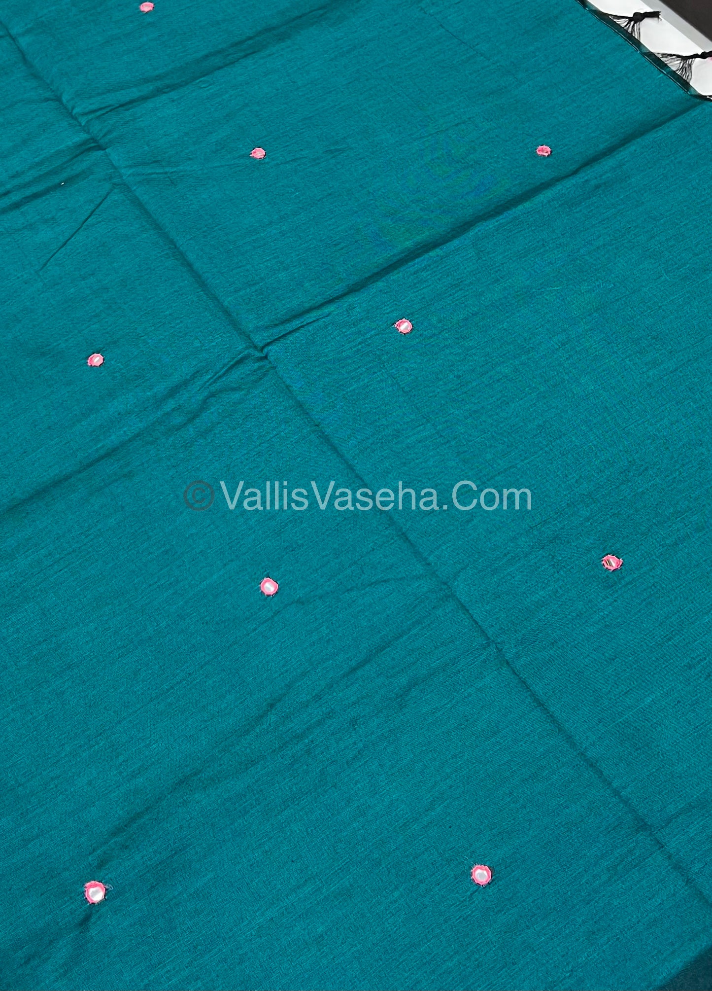 South Mixed Cotton - Mirror Work Embroidery - Bluish Green with Pink - VVPCM002