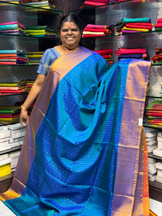 Pure Soft Silk Saree - Vaira Voosi Design - Blue & Peachish Orange Combo - VVPSS021