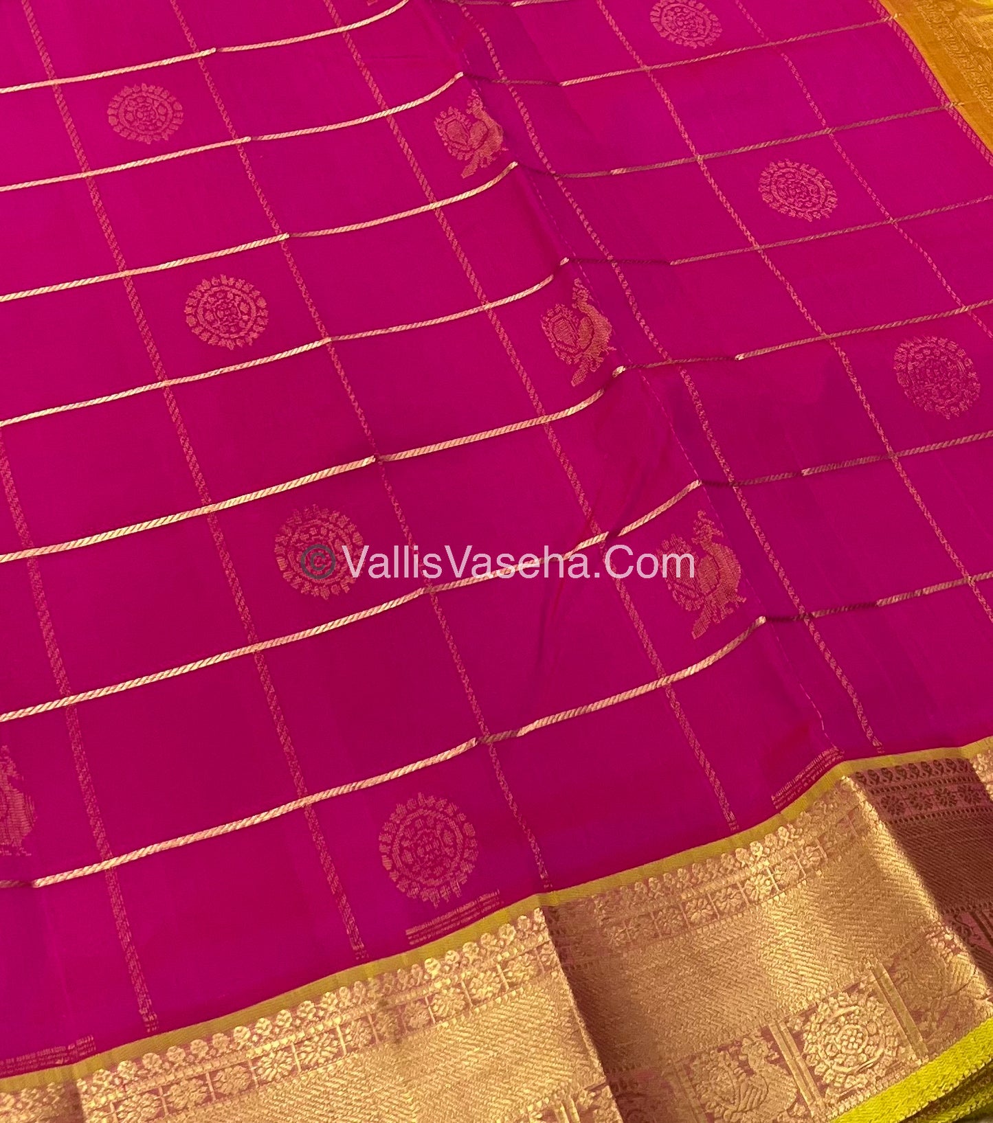 Pure Silk Cotton Saree - Mayil & Chakkaram Design - Pink With Yellow - VVMC001