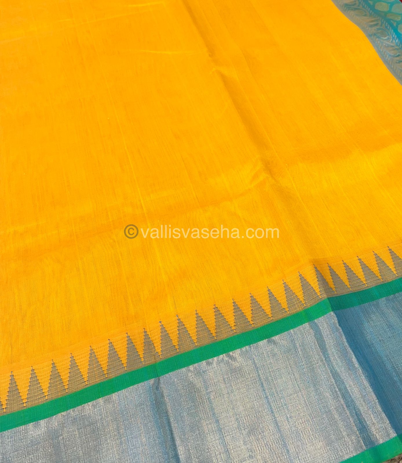 Pure Korvai Silk Cotton Saree -  Lemon Yellow With Blue Shade Temple border - VVKSC001