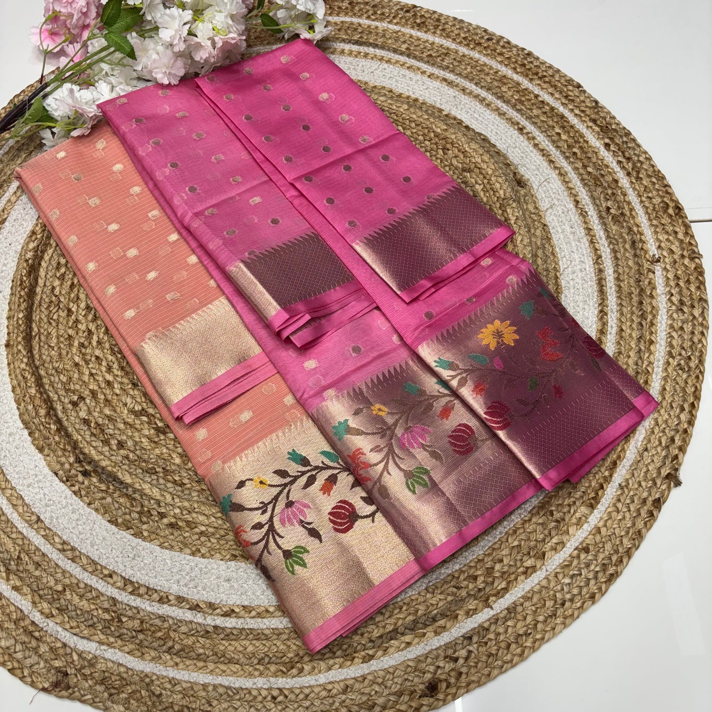 Unstitched - Lehenga Material - Zari Kota Tissue - Peach & Pink - VVULM001