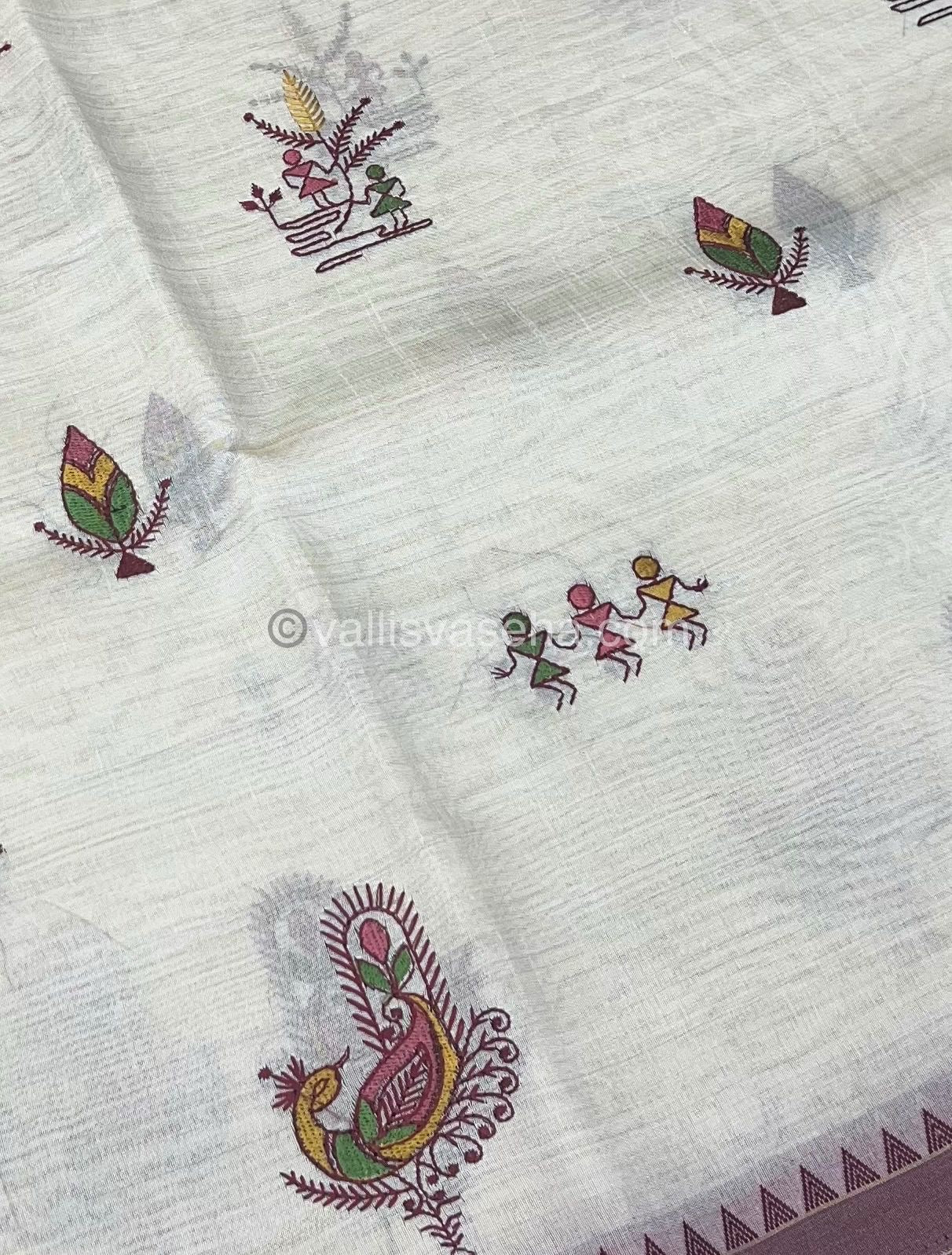 Semi Tussar Embroidery - Cream with Merun Combo - VVSTE001