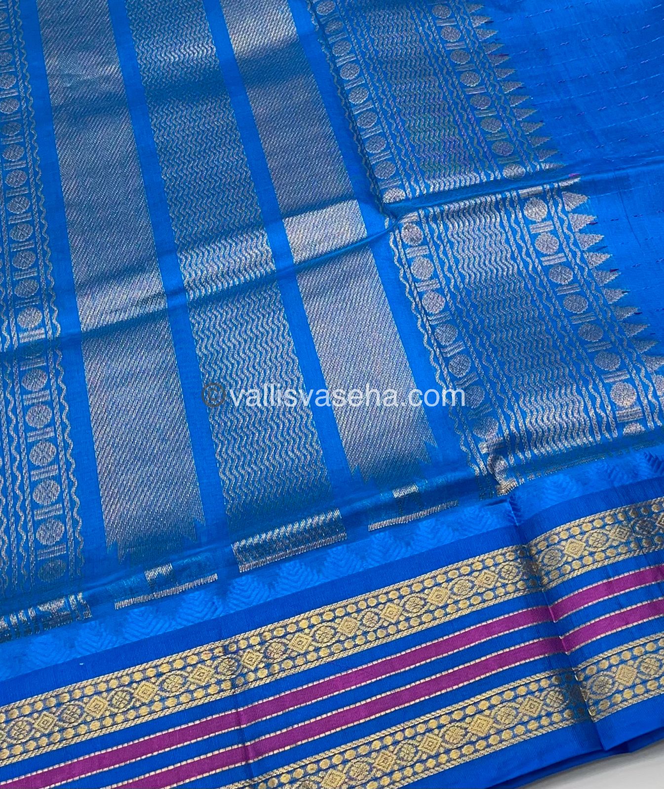 Pure Korvai Silk Cotton - Peach with Blue - VVKSC012