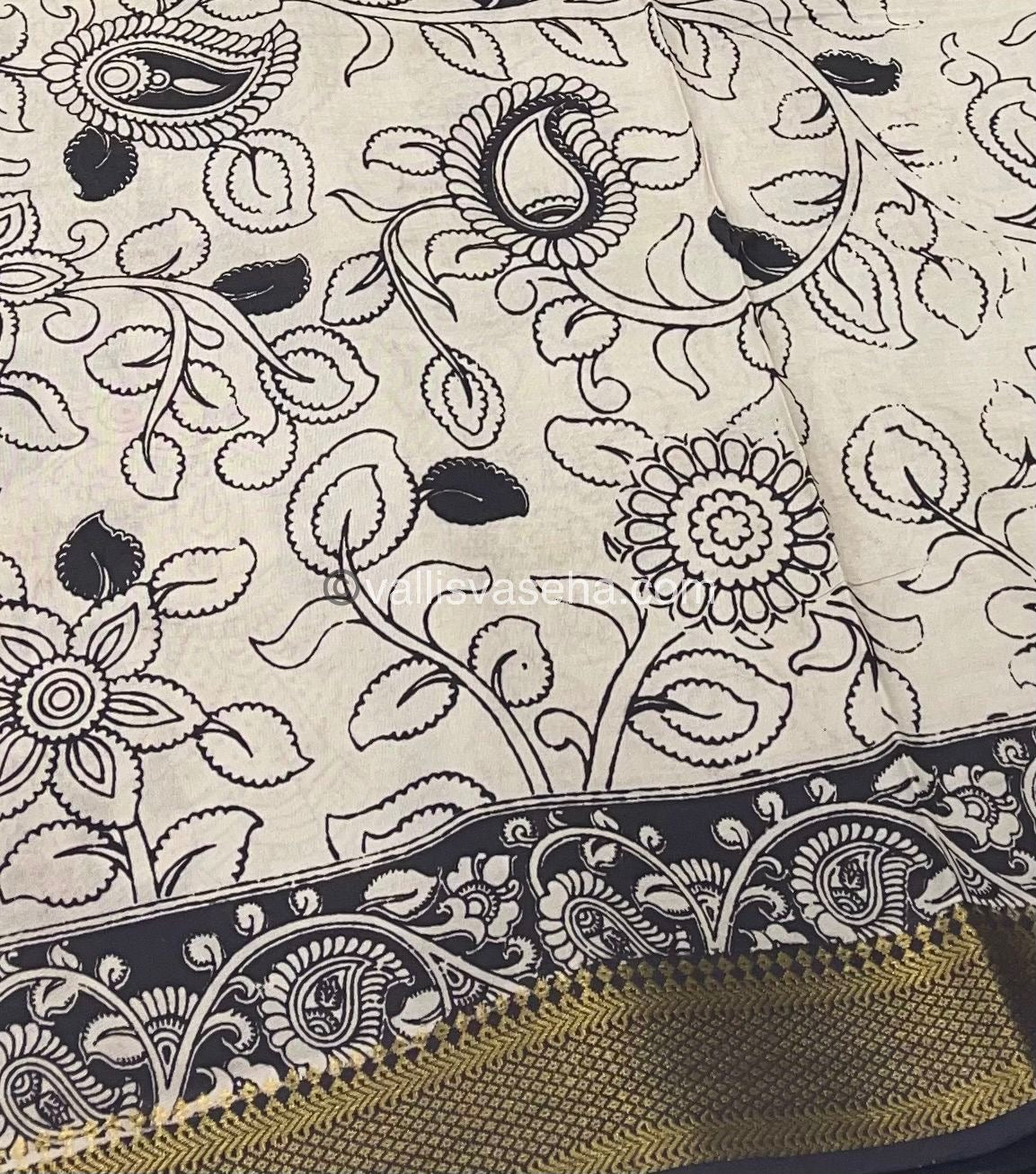Chennur Silk | Kalamkari Prints | Black With White -VVCS005