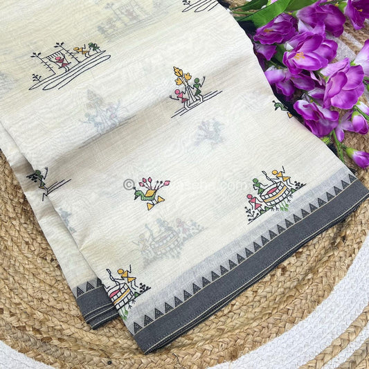 Semi Tussar Embroidery - Cream with Greyish Black Combo - VVSTE001