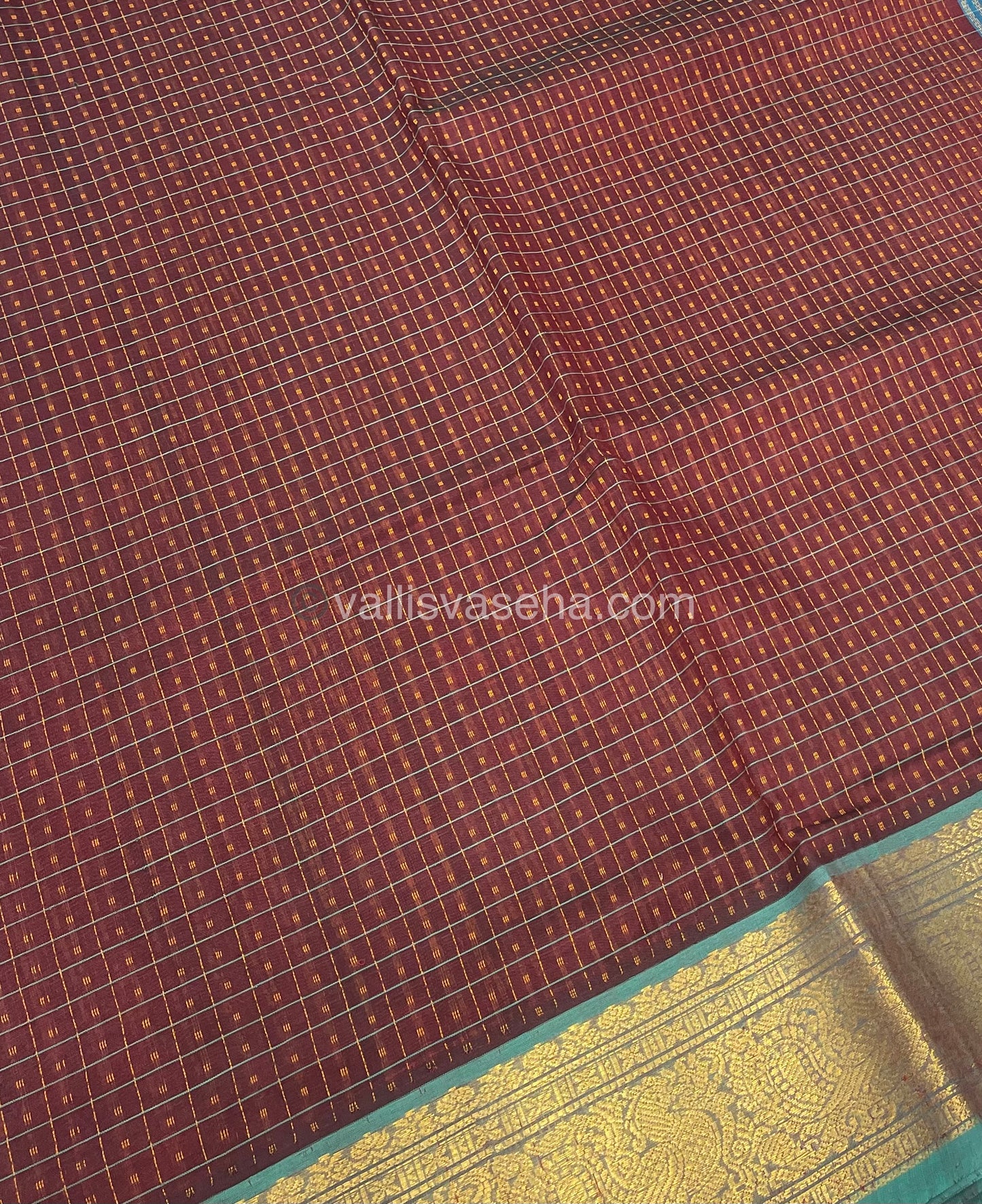 Pure Silk Cotton Saree - Maroon With Turquoise Blue Shade- Lakshadeepam Design - VVPLD001