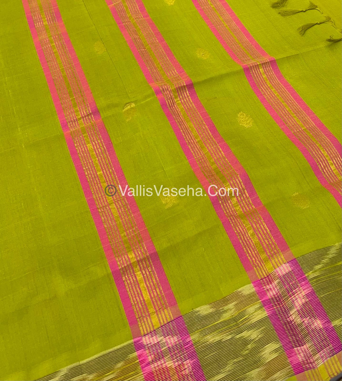Semi Silk Cotton Saree - Peachish Pink & Green - VVSSC001