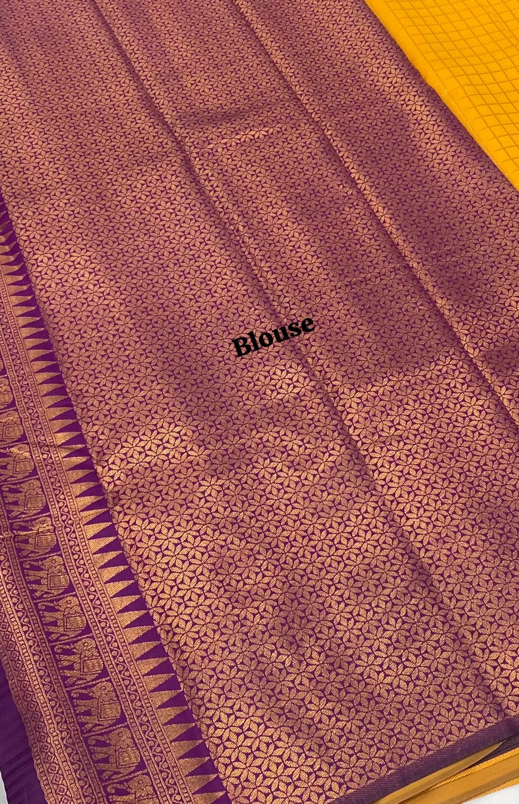 Semi Silk Saree - Kanchi Silk Style - Elephant Border - Dark Yellow with Purple - VVSSS005