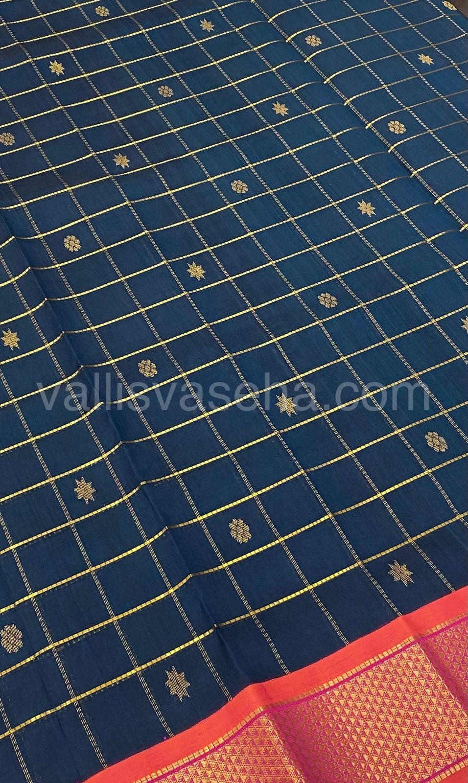 Pure Korvai Silk Cotton - Checks Pattern - Double tone Blue with Peachish Pink Shade - VVKSC015