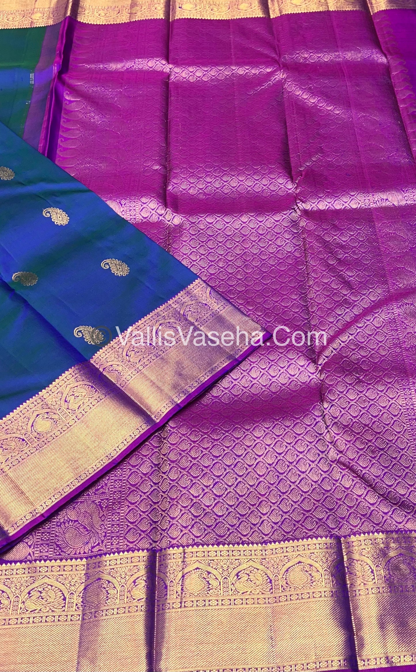 Pure Kanchipuram Silk Saree - Double Tone Bluish Green & Purplish Pink Combo - VVPS014