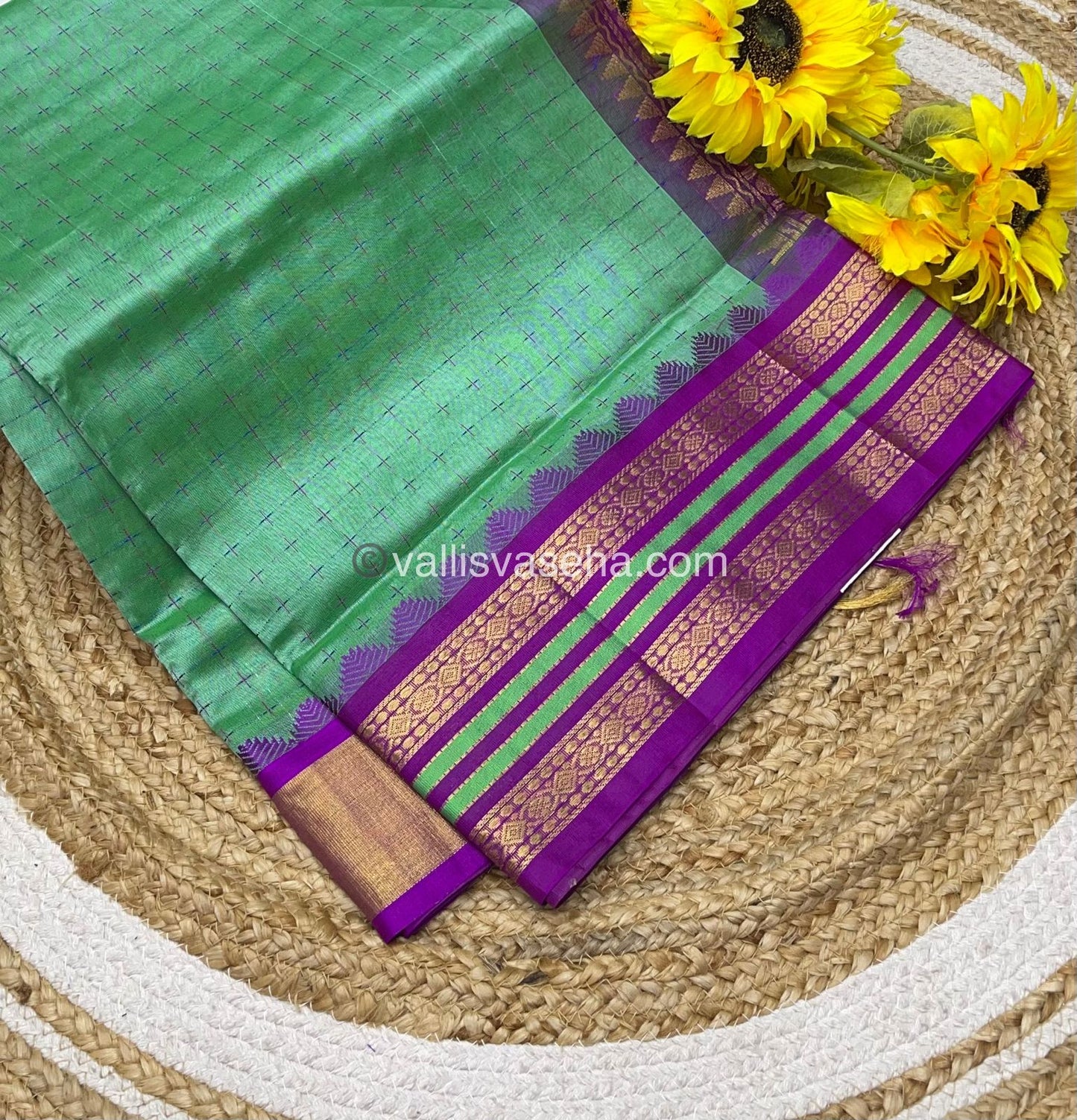 Pure Korvai Silk Cotton - Green with Purple - VVKSC012