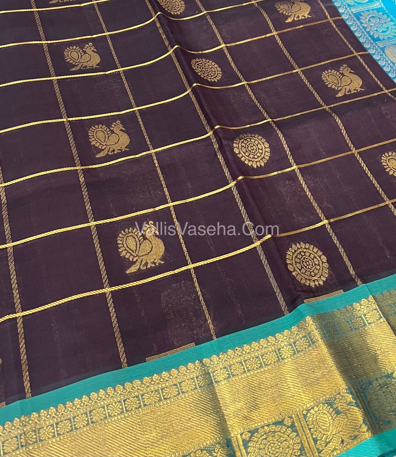 Pure Silk Cotton Saree - Mayil & Chakkaram Design - Brown with Blue - VVMC001
