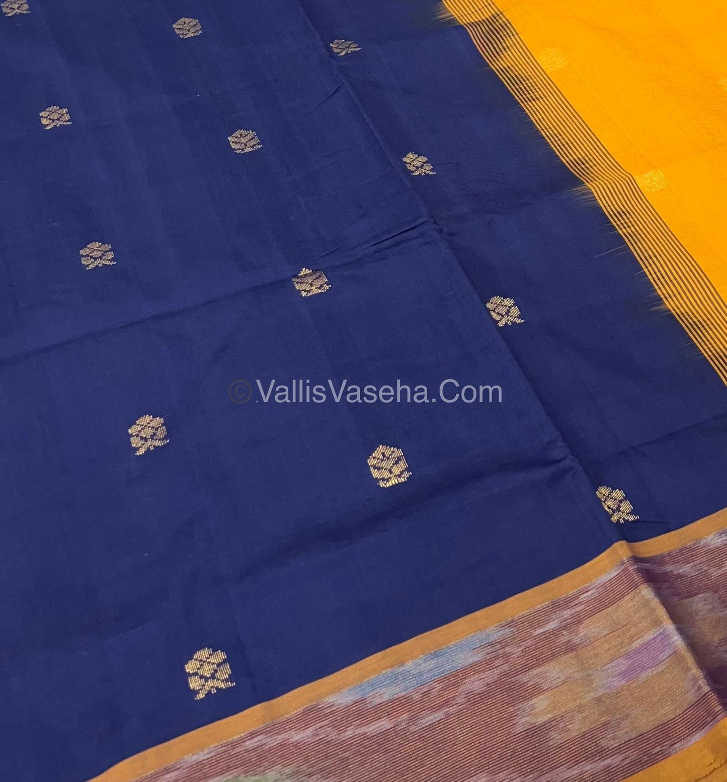 Semi Silk Cotton Saree - Navy Blue &Yellow - VVSSC001