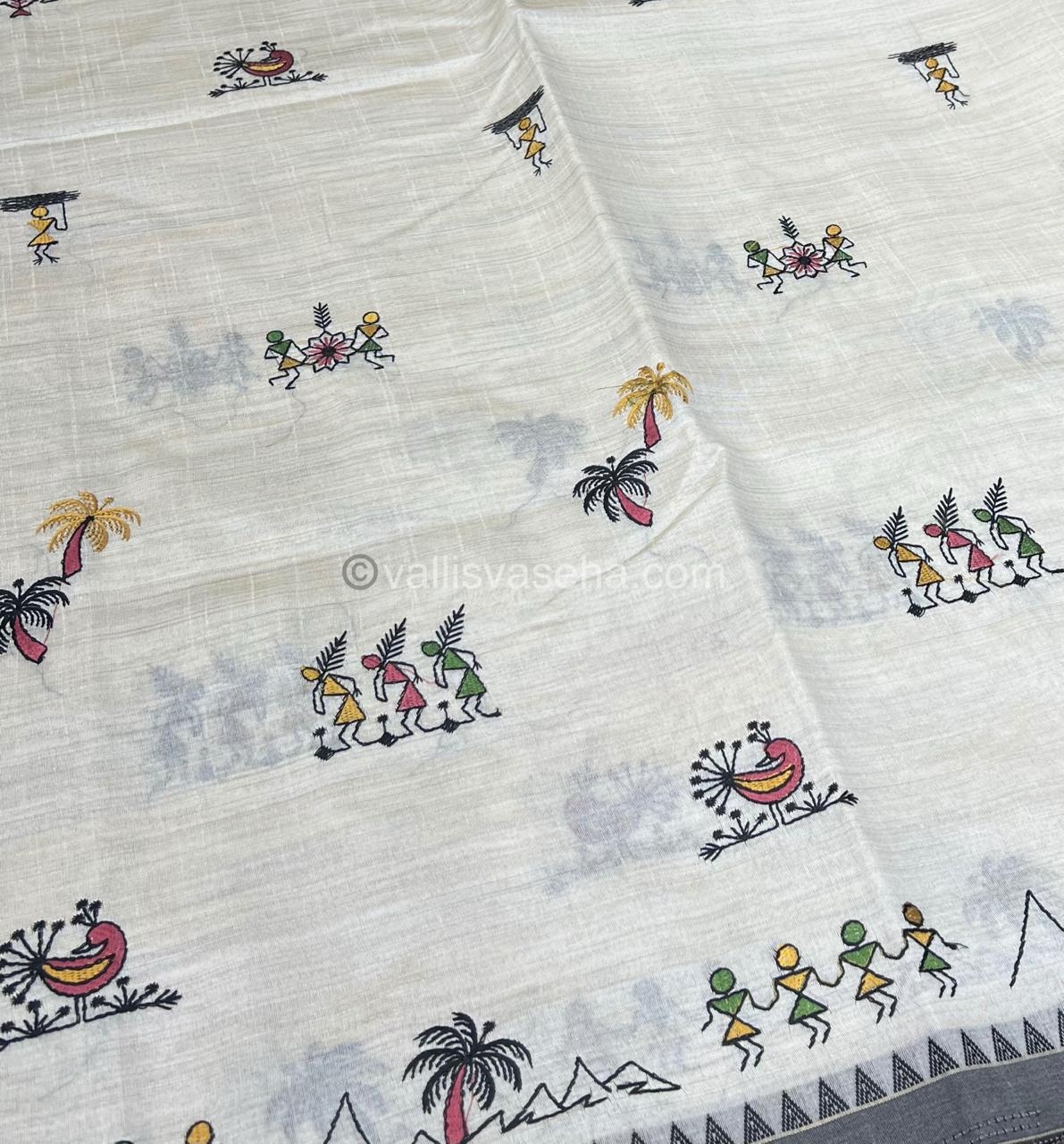 Semi Tussar Embroidery - Cream with Greyish Black Combo - VVSTE001