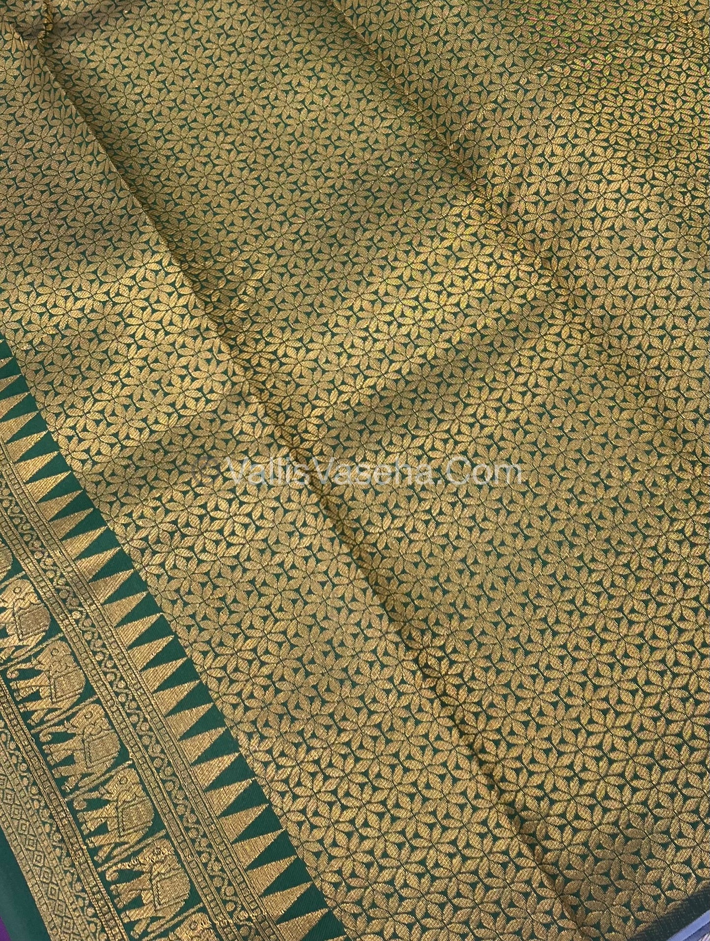 Semi Silk Saree - Kanchi Silk Style - Elephant Border - Ice Blue with Green - VVSSS005