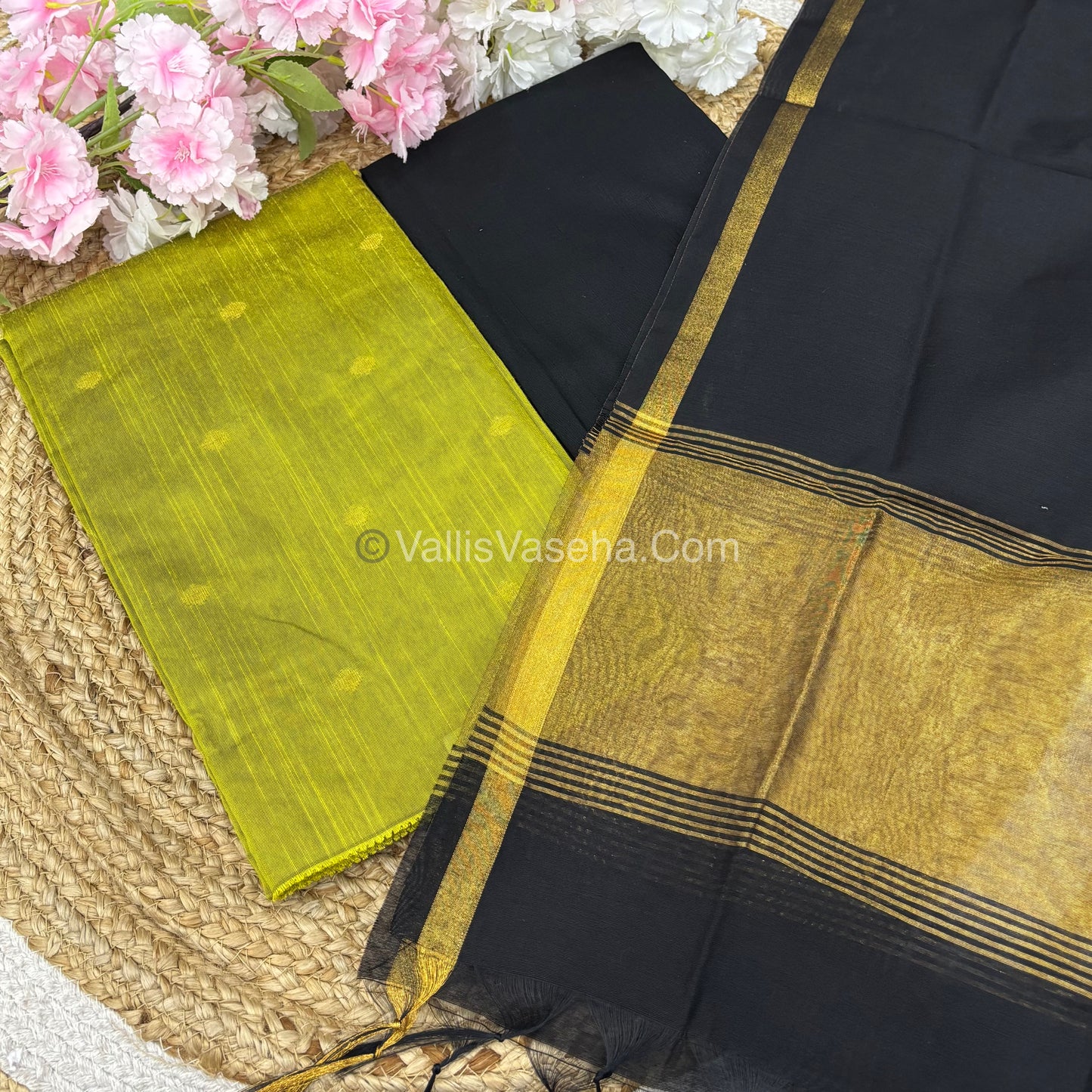 Unstitched Salwar Material -Raw Silk - Green with Black Shade - VVUSM004